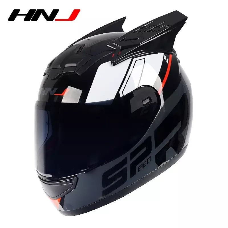 Black, Red, Gray & White HNJ Motorcycle Helmet with Horns & Black Visor Black Visor Small (S)= 50-53 CM’s