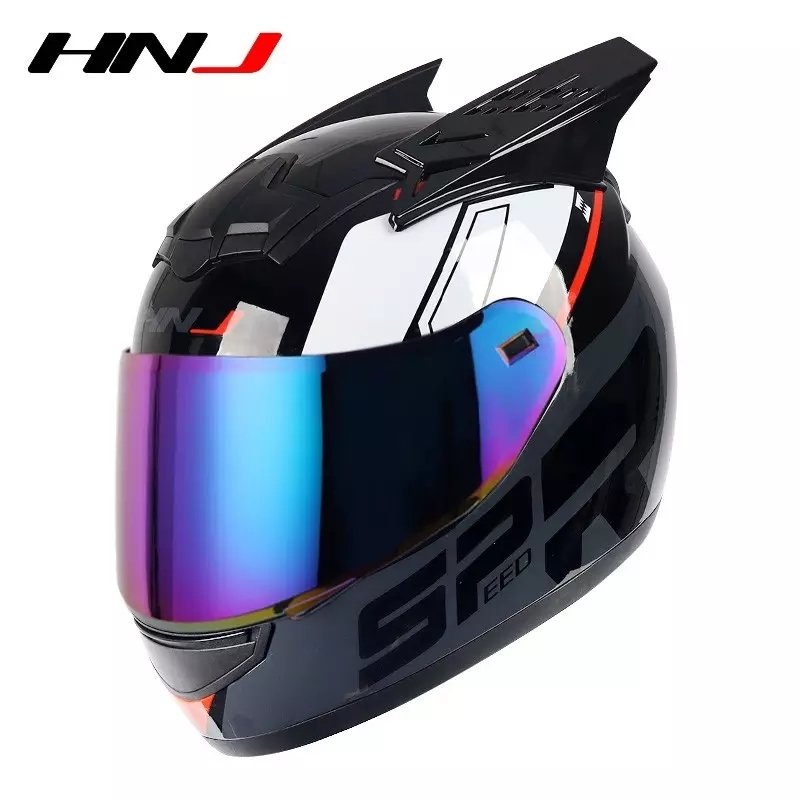 Black, Red, Gray & White HNJ Motorcycle Helmet with Horns & Blue Visor Black Visor Small (S)= 50-53 CM’s