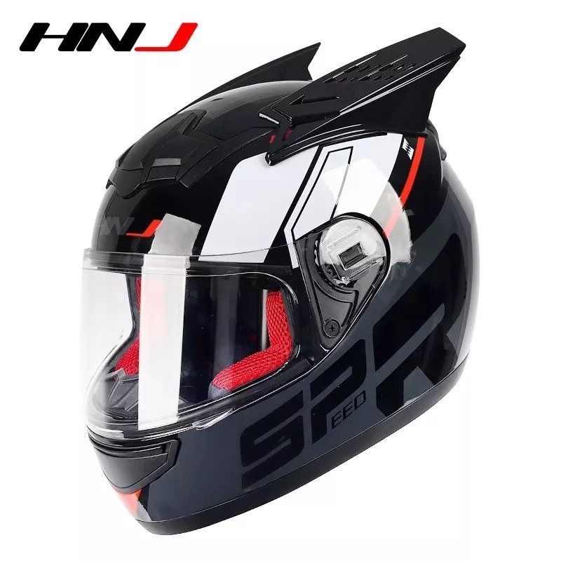 Black, Red, Gray & White HNJ Motorcycle Helmet with Horns & Clear Visor Black Visor Small (S)= 50-53 CM’s