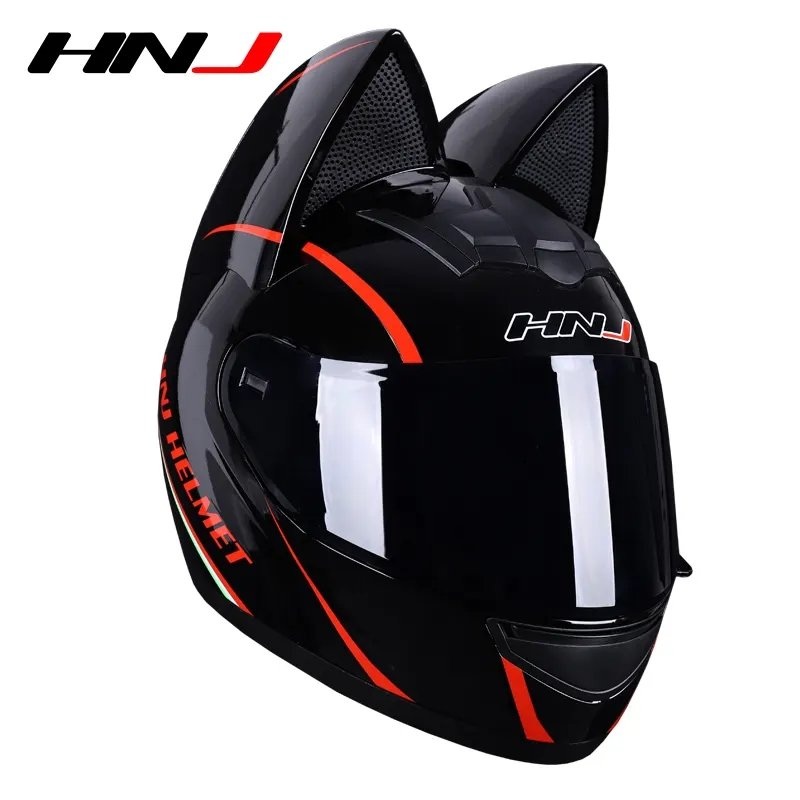 Black & Red HNJ Motorcycle Helmet with Cat Ears Black Visor Small (S)= 50-53 CM’s