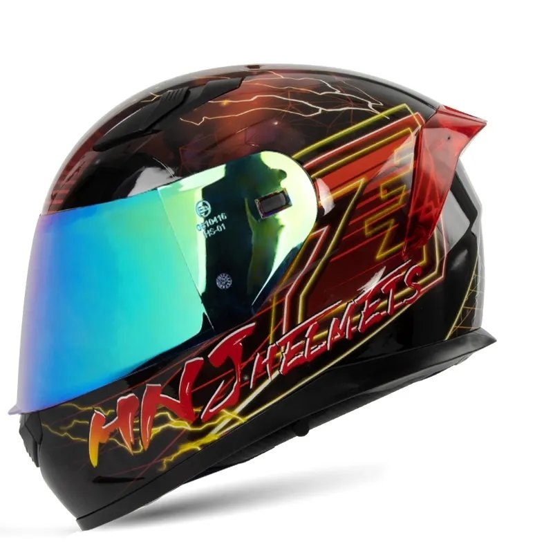 Black & Red Lightning HNJ Motorcycle Helmet with Blue Visor Black Visor Medium (M)= 52-53 CM’s