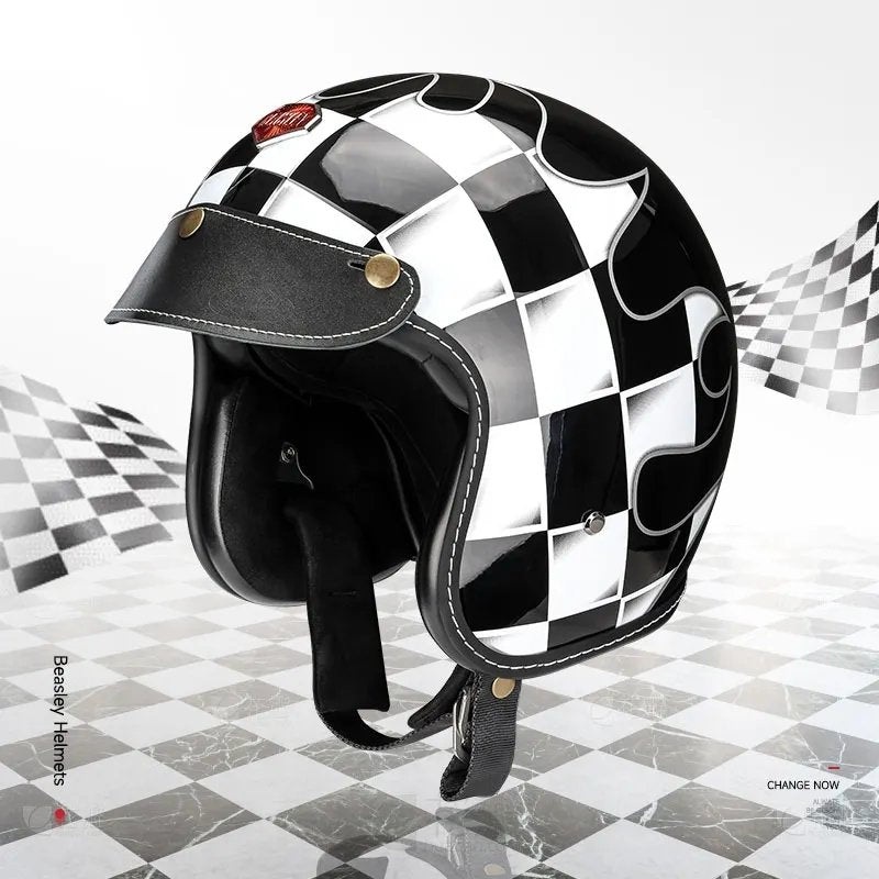 Black & White Checkered Flames & Black Leather Open Face 3/4 Beasley Motorcycle Helmet Small (S)= 50-53 CM’s