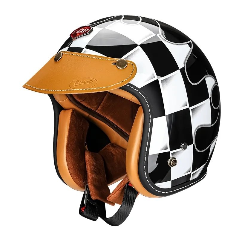 Black & White Checkered Flames & Brown Leather Open Face 3/4 Beasley Motorcycle Helmet Small (S)= 50-53 CM’s