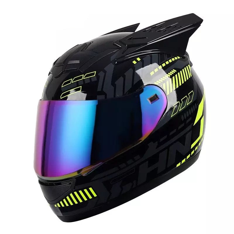 Black, Yellow, Gray Pulse HNJ Motorcycle Helmet with Horns, Blue Visor Black Visor Small (S)= 50-53 CM’s