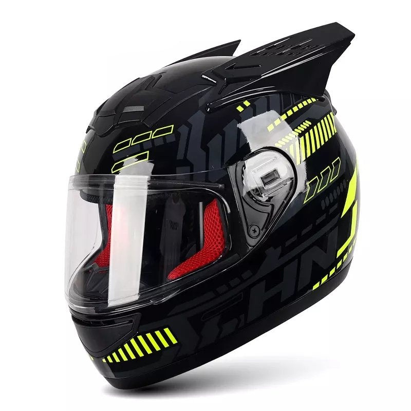 Black, Yellow, Gray Pulse HNJ Motorcycle Helmet with Horns, Clear Visor Black Visor Small (S)= 50-53 CM’s