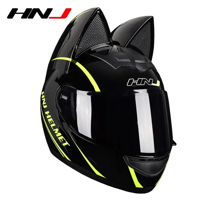 Black & Yellow HNJ Motorcycle Helmet with Cat Ears & Black Visor Black Visor Small (S)= 50-53 CM’s