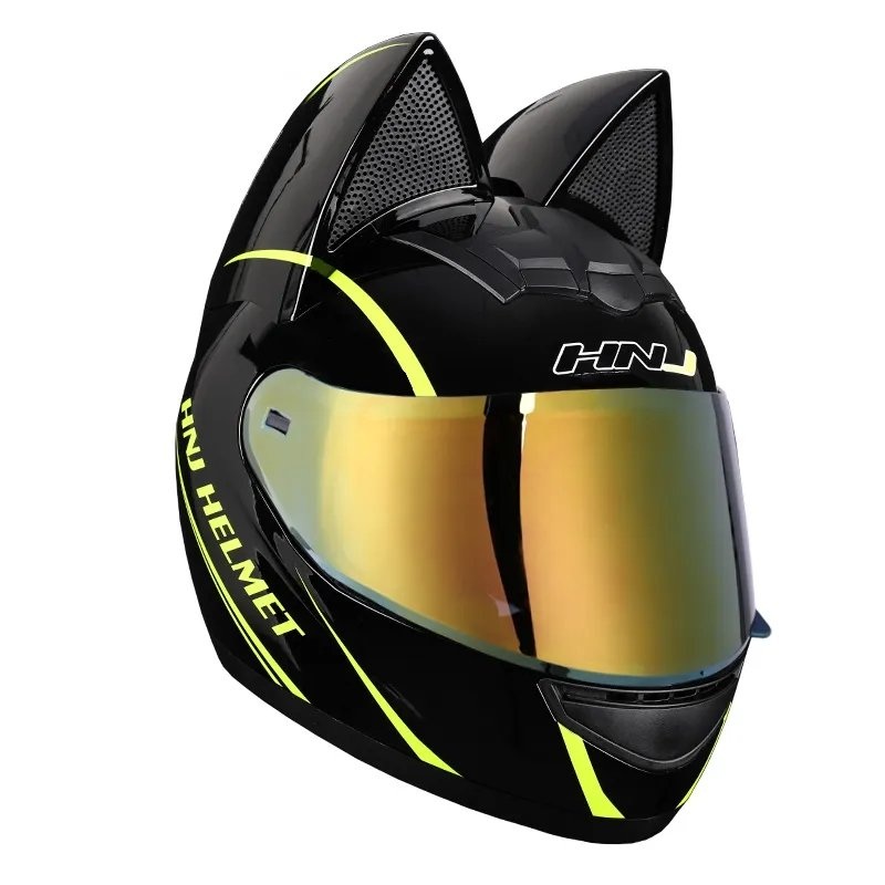 Black & Yellow HNJ Motorcycle Helmet with Cat Ears & Gold Visor Black Visor Small (S)= 50-53 CM’s