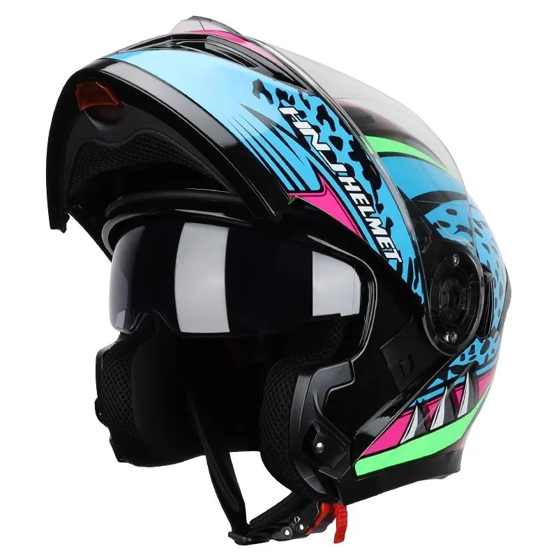 Blue, Green, Black & Pink Panther Modular HNJ Motorcycle Helmet Clear Visor Large (L)= 59-60 CM’s