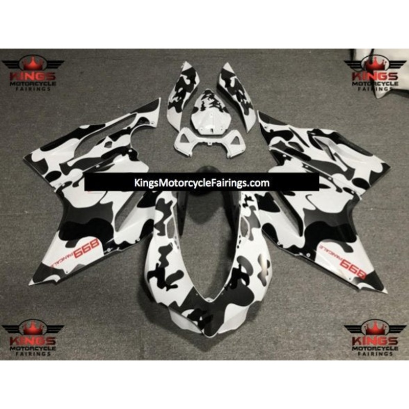 Ducati 899 (2011-2014) White, Black & Gray Camouflage Fairings Clear Windscreen: Free No Seat Cowl No Bolt Kit