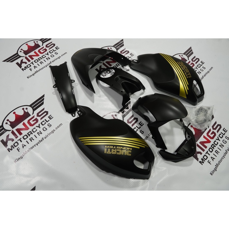 DUCATI MONSTER 696/796/1100 (2009-2016) MATTE BLACK & GOLD FAIRINGS Clear Windscreen: Free No Bolt Kit