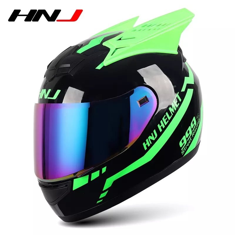 Green & Black Warrior 999 HNJ Motorcycle Helmet with Horns & Blue Visor Black Visor Small (S)= 50-53 CM’s
