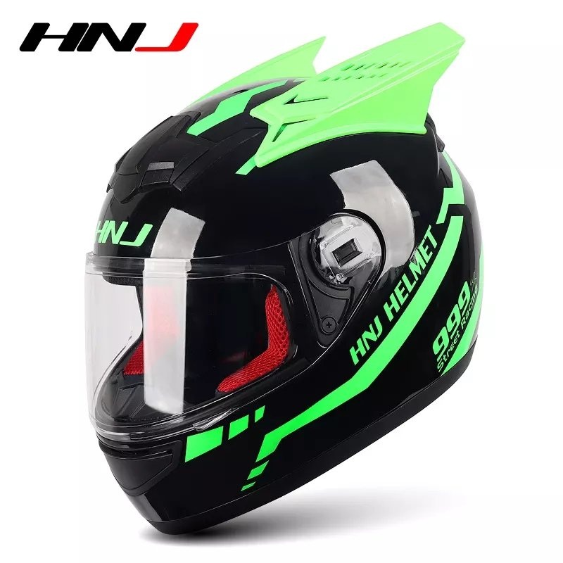 Green & Black Warrior 999 HNJ Motorcycle Helmet with Horns & Clear Visor Black Visor Small (S)= 50-53 CM’s