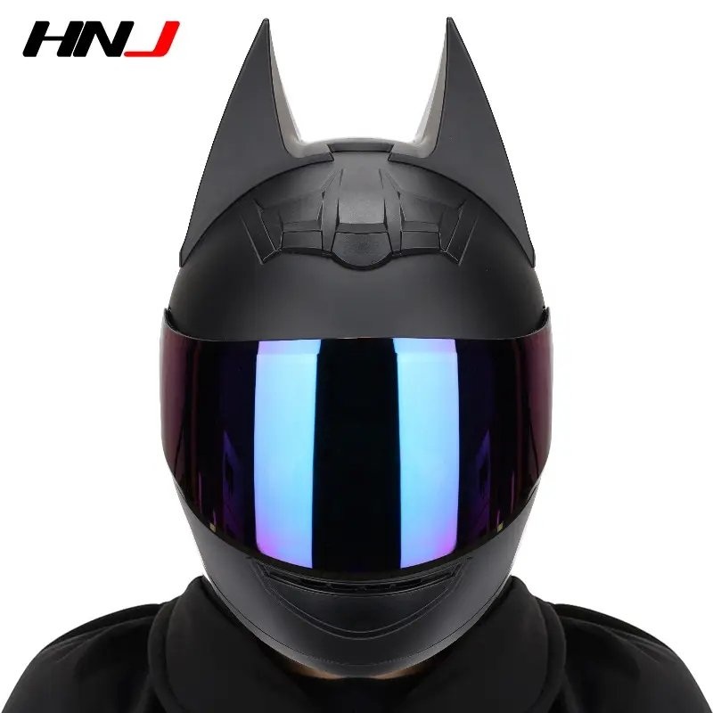 Matte Black Batman HNJ Motorcycle Helmet with Blue Visor Black Visor Small (S)= 50-53 CM’s