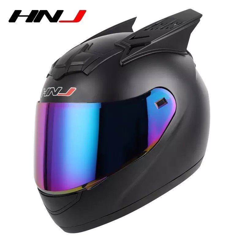 Matte Black HNJ Motorcycle Helmet with Horns & Blue Visor Black Visor Small (S)= 50-53 CM’s