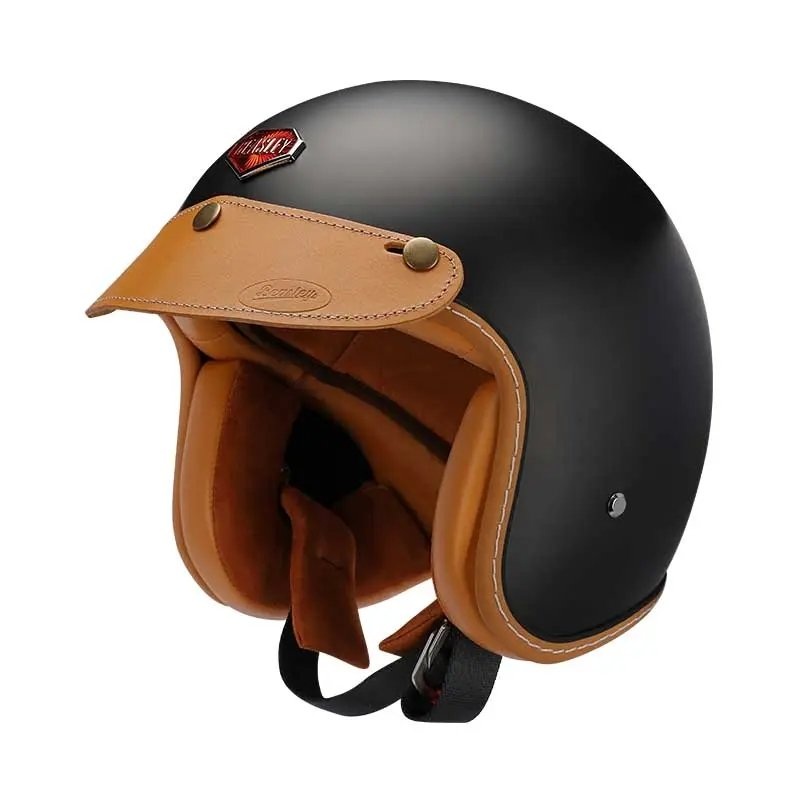 Matte Black & Leather Open Face 3/4 Beasley Motorcycle Helmet Small (S)= 50-53 CM’s Tan