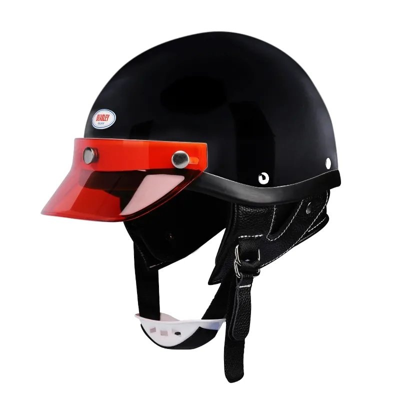 Matte Black & Red Retro Open Face 3/4 Beasley Motorcycle Helmet Small (S)= 50-53 CM’s Black