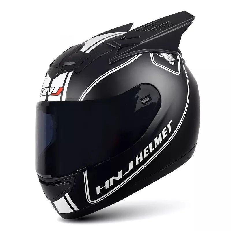 Matte Black, White Stripe HNJ Motorcycle Helmet with Horns, Black Visor Black Visor Small (S)= 50-53 CM’s