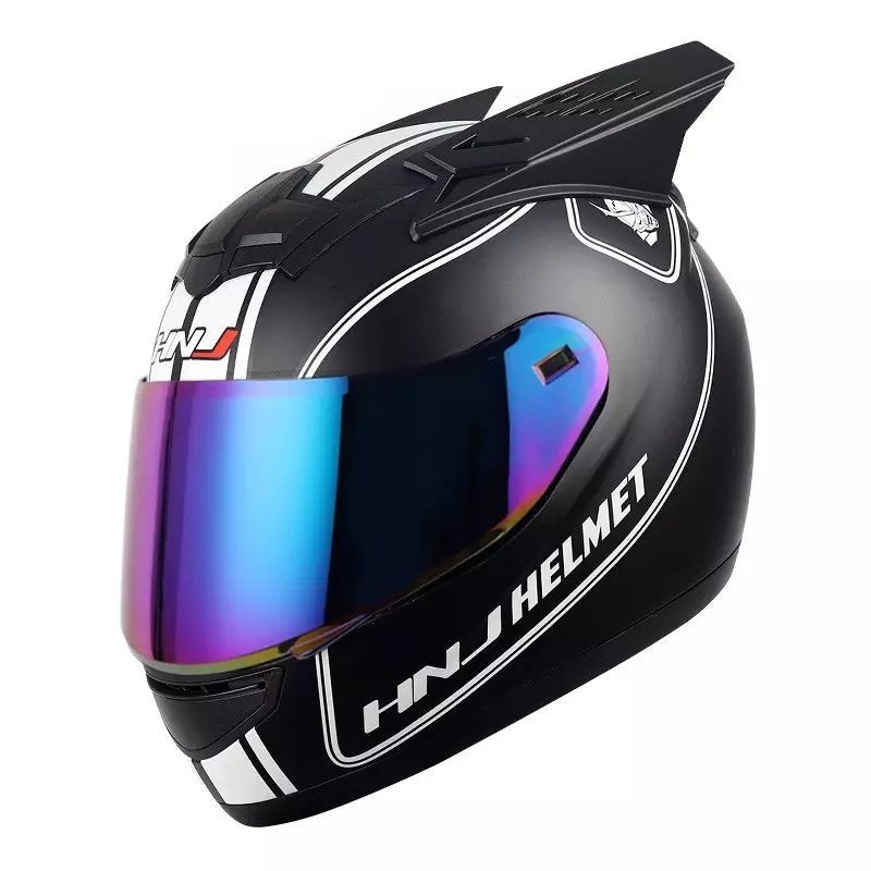 Matte Black, White Stripe HNJ Motorcycle Helmet with Horns, Blue Visor Black Visor Small (S)= 50-53 CM’s