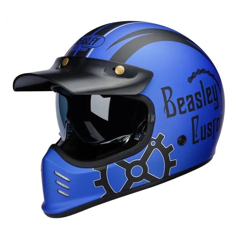 Matte Blue, Black Skull & Gear Beasley Motorcycle Helmet Small (S)= 50-53 CM’s