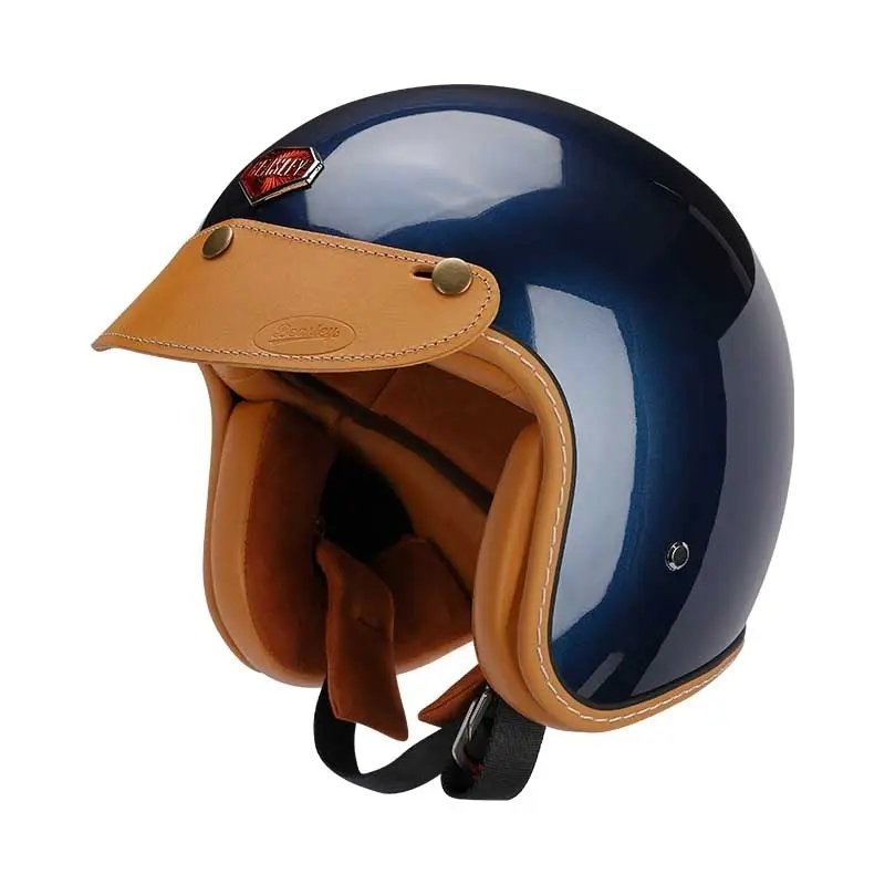 Navy Blue & Leather Open Face 3/4 Beasley Motorcycle Helmet Small (S)= 50-53 CM’s Tan
