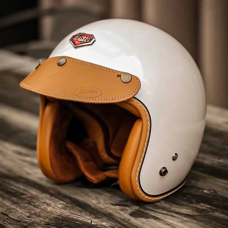 Pearl White & Leather Open Face 3/4 Beasley Motorcycle Helmet Small (S)= 50-53 CM’s Tan