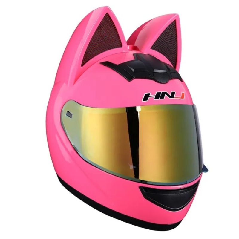 Pink & Black HNJ Motorcycle Helmet with Cat Ears & Gold Visor Black Visor Small (S)= 50-53 CM’s