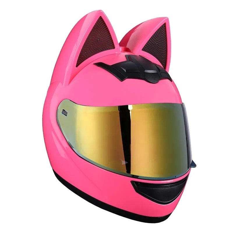 Pink HNJ Motorcycle Helmet with Cat Ears & Gold Visor Black Visor Small (S)= 50-53 CM’s