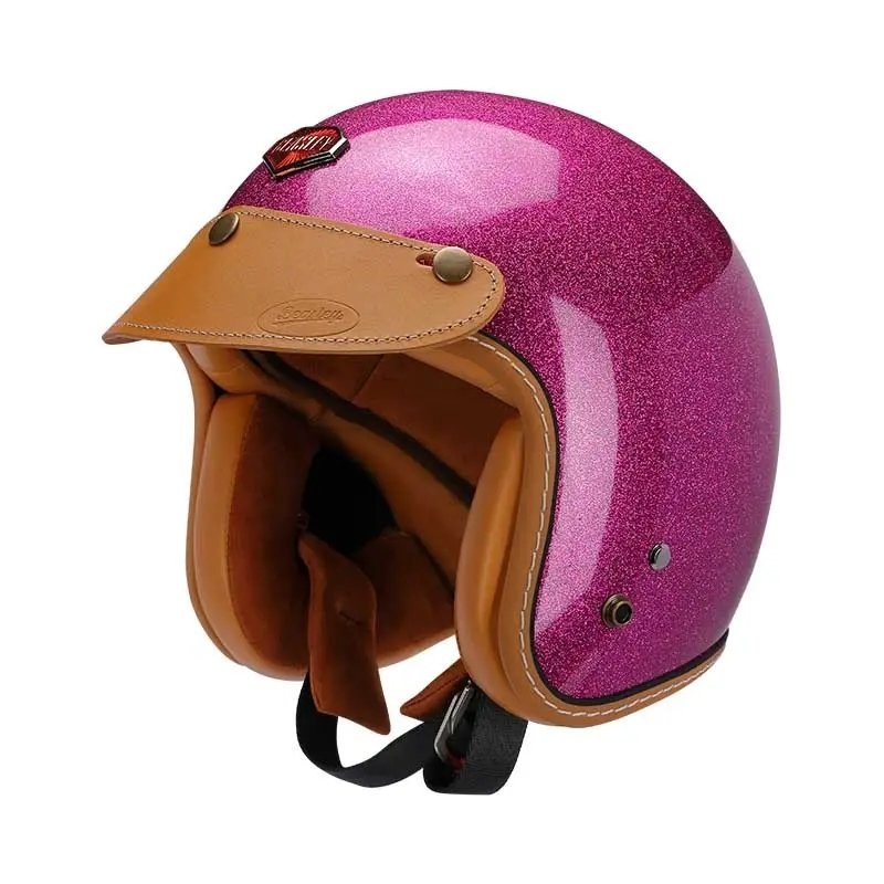 Pink Metallic & Leather Open Face 3/4 Beasley Motorcycle Helmet Small (S)= 50-53 CM’s Tan