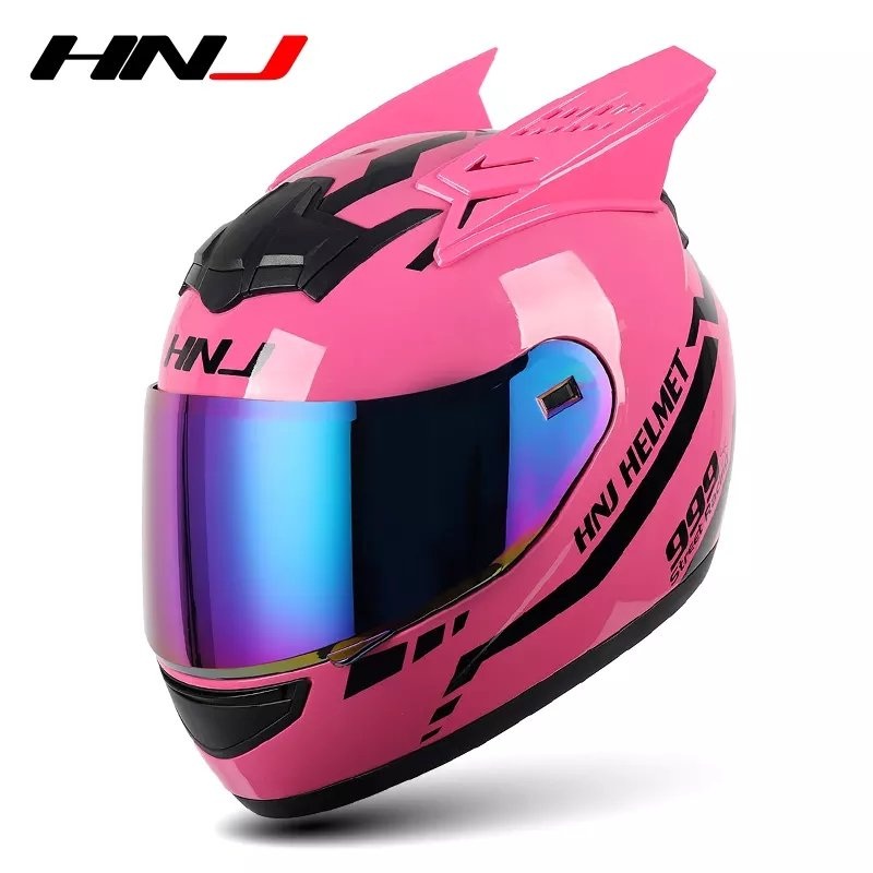Pink Warrior 999 HNJ Motorcycle Helmet with Horns & Blue Visor Black Visor Small (S)= 50-53 CM’s