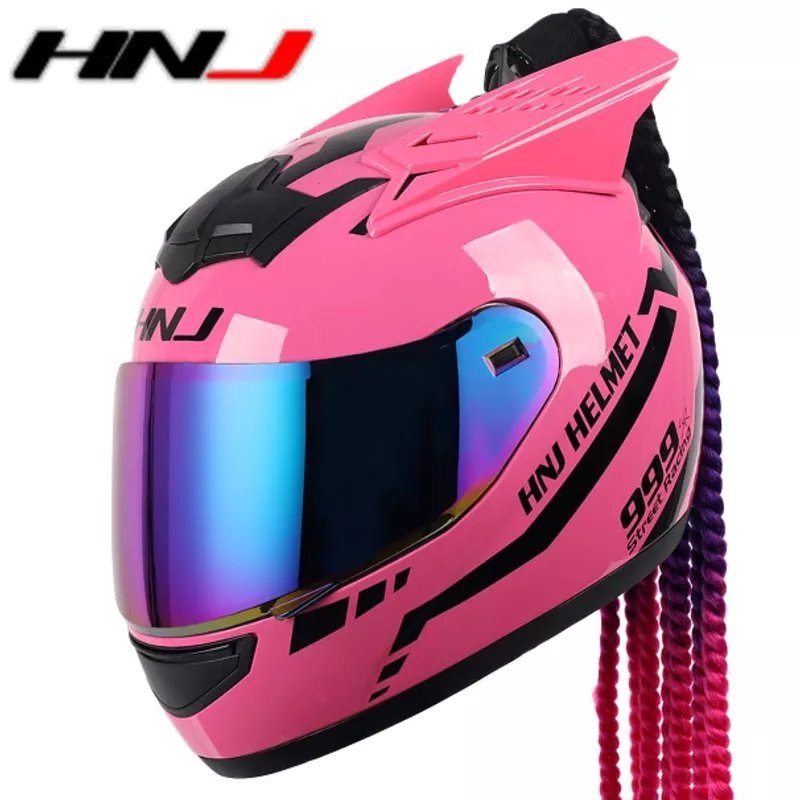 Pink Warrior 999 HNJ Motorcycle Helmet with Horns & Braids Black Visor Small (S)= 50-53 CM’s