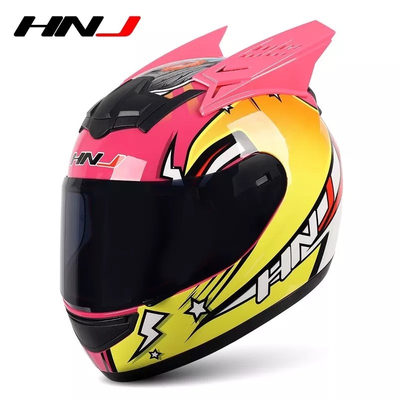 Pink & Yellow Love Bird HNJ Motorcycle Helmet with Horns & Black Visor Black Visor Small (S)= 50-53 CM’s