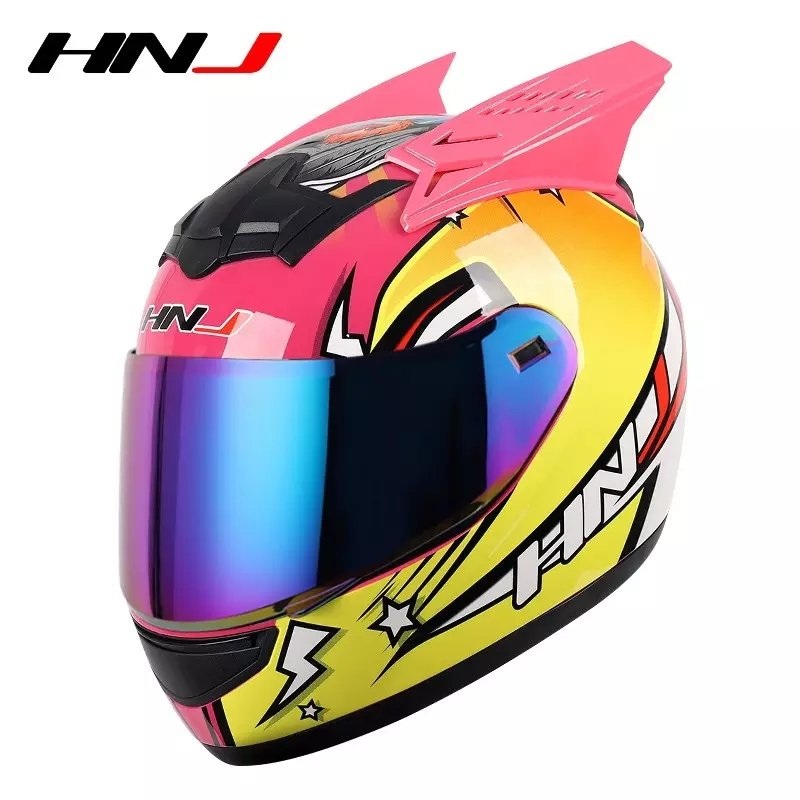 Pink & Yellow Love Bird HNJ Motorcycle Helmet with Horns & Blue Visor Black Visor Small (S)= 50-53 CM’s