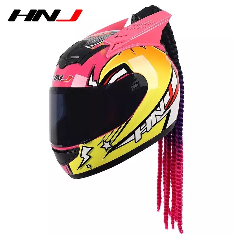Pink & Yellow Love Bird HNJ Motorcycle Helmet with Horns & Braids Black Visor Small (S)= 50-53 CM’s