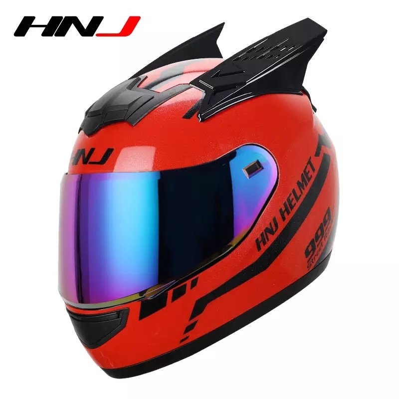 Red & Black Warrior 999 HNJ Motorcycle Helmet with Horns & Blue Visor Black Visor Small (S)= 50-53 CM’s