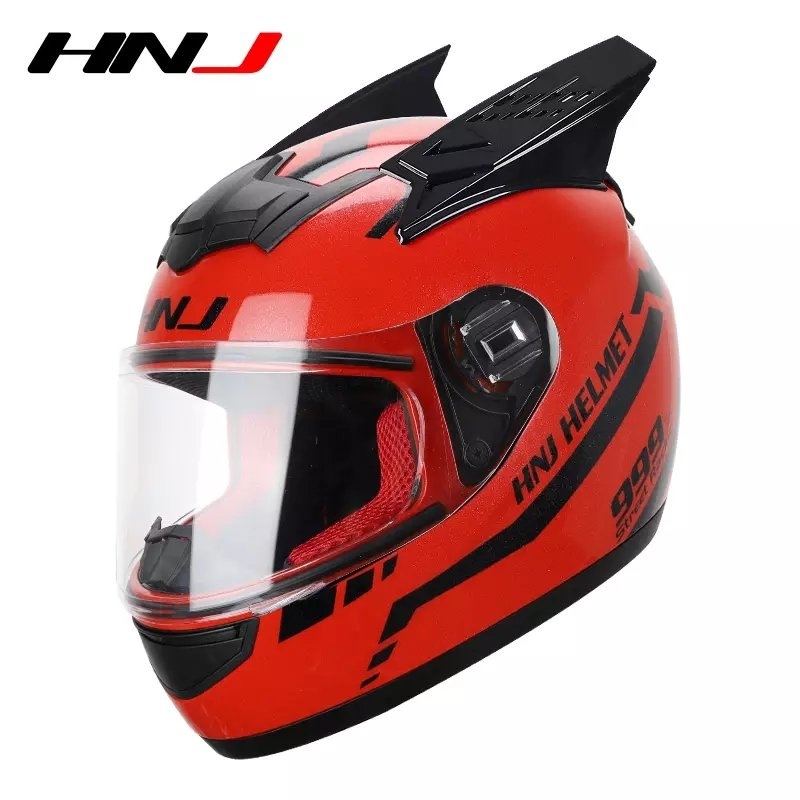 Red & Black Warrior 999 HNJ Motorcycle Helmet with Horns & Clear Visor Black Visor Small (S)= 50-53 CM’s