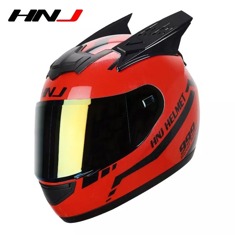 Red & Black Warrior 999 HNJ Motorcycle Helmet with Horns & Gold Visor Black Visor Small (S)= 50-53 CM’s