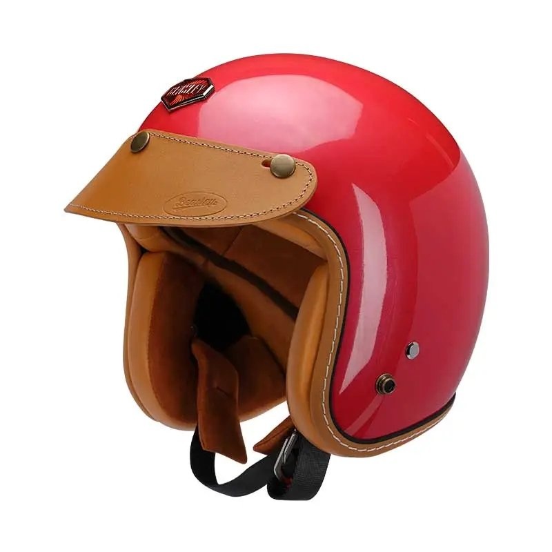 Red & Leather Open Face 3/4 Beasley Motorcycle Helmet Small (S)= 50-53 CM’s Tan
