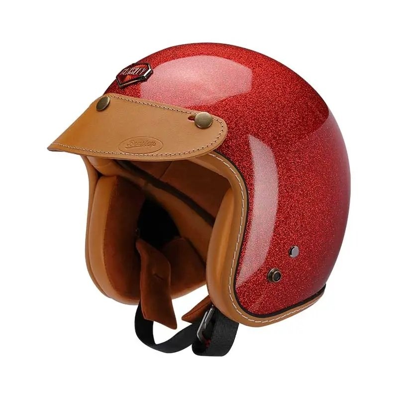 Red Metallic & Leather Open Face 3/4 Beasley Motorcycle Helmet Small (S)= 50-53 CM’s Tan
