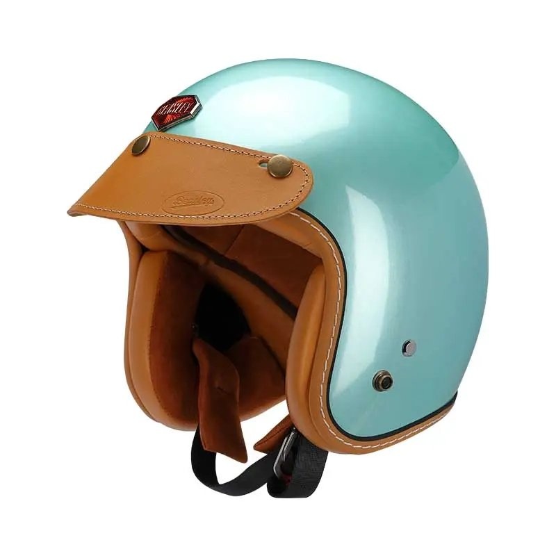 Tiffany Blue & Leather Open Face 3/4 Beasley Motorcycle Helmet Small (S)= 50-53 CM’s Tan