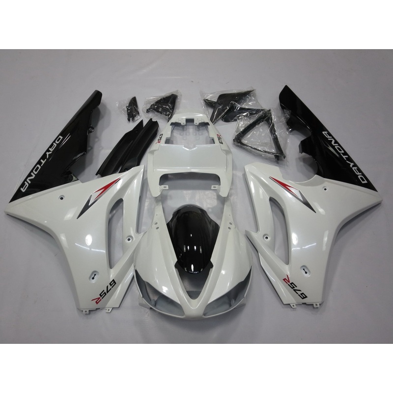 Triumph Daytona 675 (2009-2012) Pearl White, Black & Red Fairings Clear Windscreen: Free No Bolt Kit