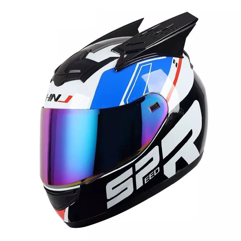 White, Black, Blue, Red HNJ Motorcycle Helmet with Horns, Blue Visor Black Visor Small (S)= 50-53 CM’s