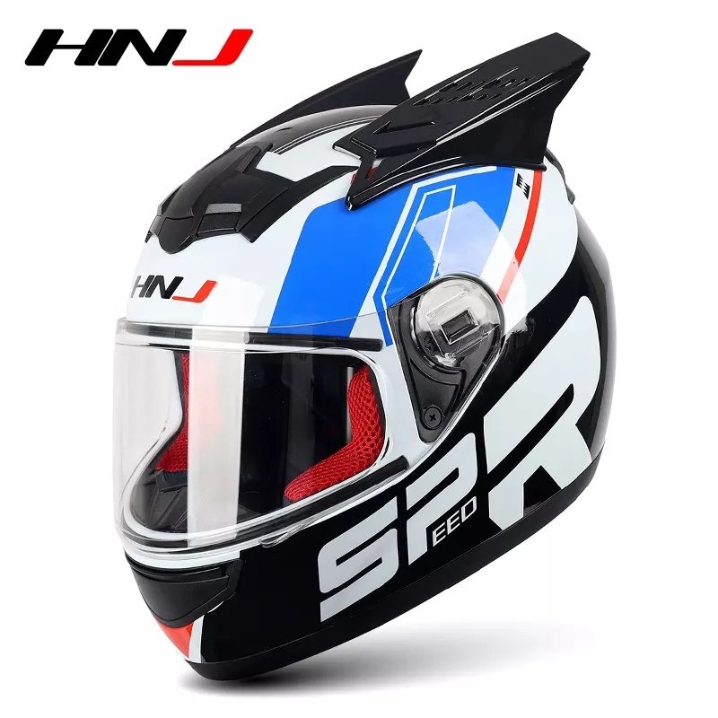 White, Black, Blue & Red HNJ Motorcycle Helmet with Horns & Clear Visor Black Visor Small (S)= 50-53 CM’s