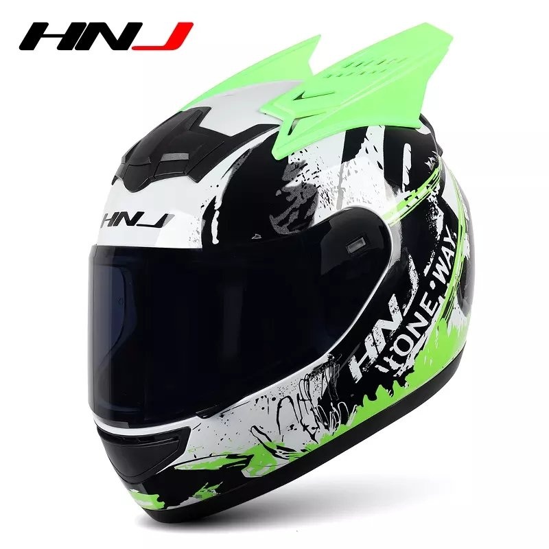 White, Black & Green Splash HNJ Motorcycle Helmet with Horns & Black Visor Black Visor Small (S)= 50-53 CM’s