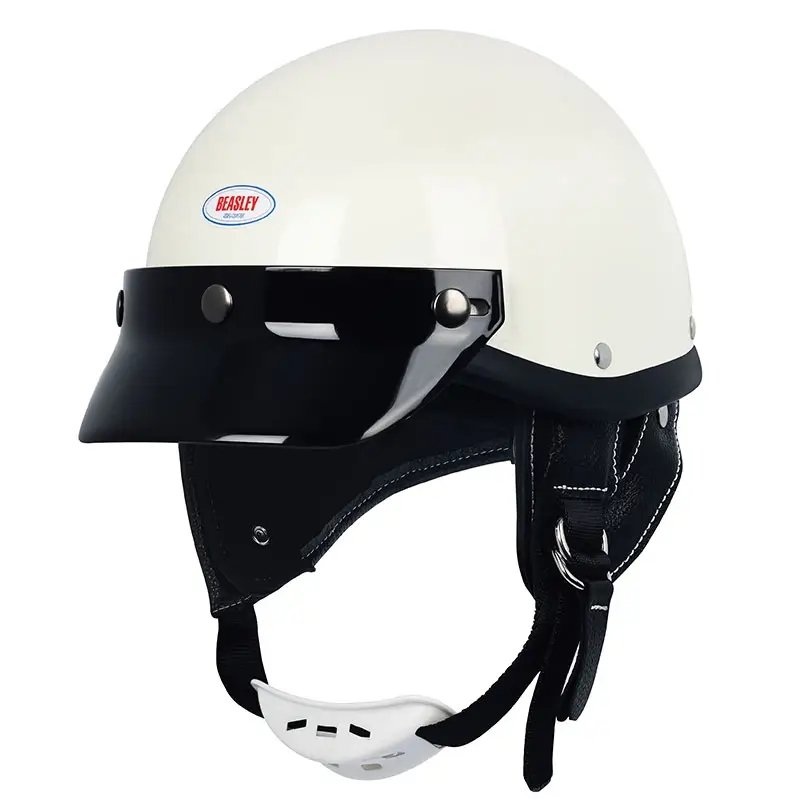 White & Black Retro Open Face 3/4 Beasley Motorcycle Helmet Small (S)= 50-53 CM’s Black