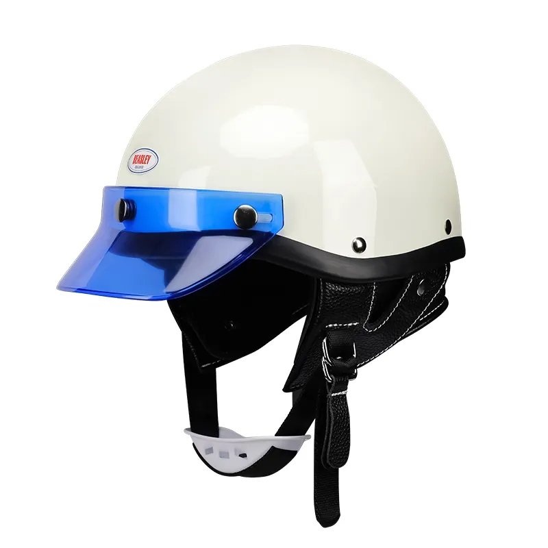 White & Blue Retro Open Face 3/4 Beasley Motorcycle Helmet Small (S)= 50-53 CM’s Black