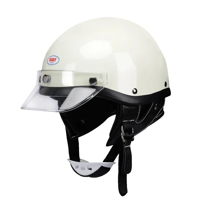 White & Clear Retro Open Face 3/4 Beasley Motorcycle Helmet Small (S)= 50-53 CM’s Black