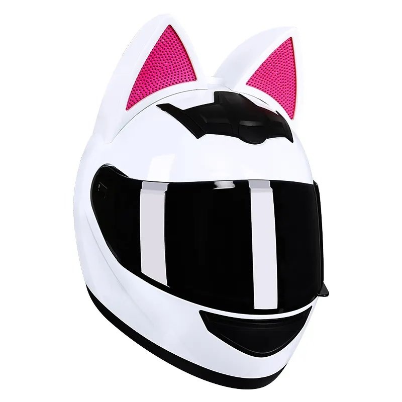 White & Pink HNJ Motorcycle Helmet with Cat Ears & Black Visor Black Visor Small (S)= 50-53 CM’s