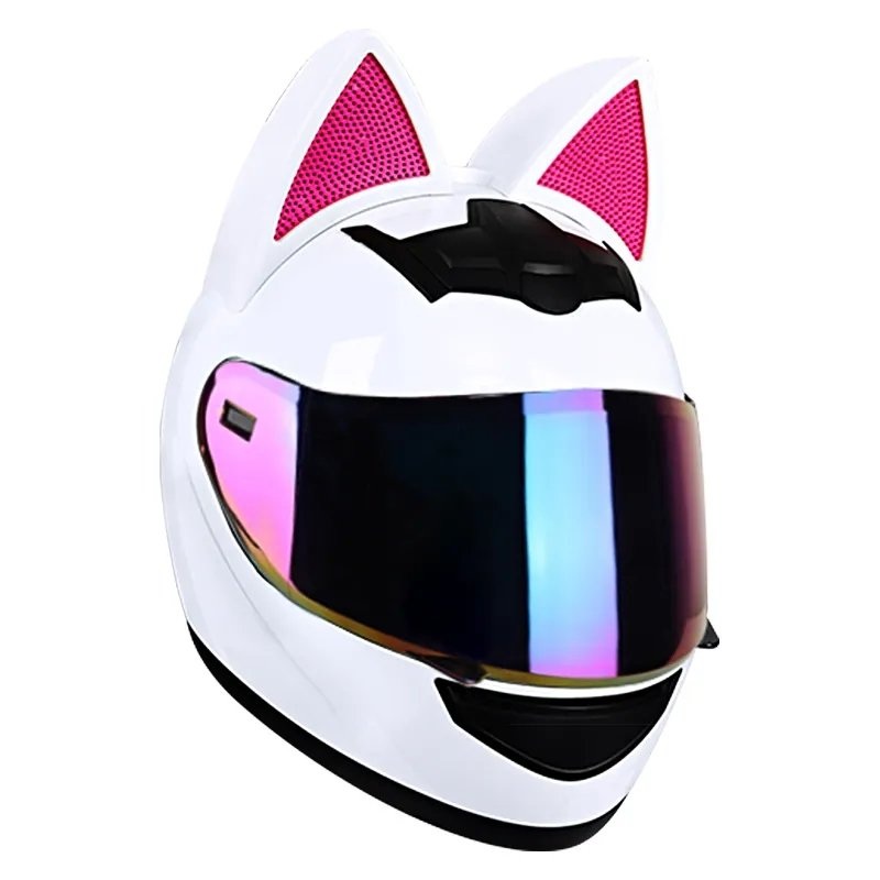 White & Pink HNJ Motorcycle Helmet with Cat Ears & Blue Visor Black Visor Small (S)= 50-53 CM’s