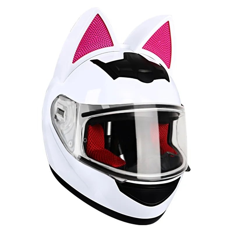 White & Pink HNJ Motorcycle Helmet with Cat Ears & Clear Visor Black Visor Small (S)= 50-53 CM’s