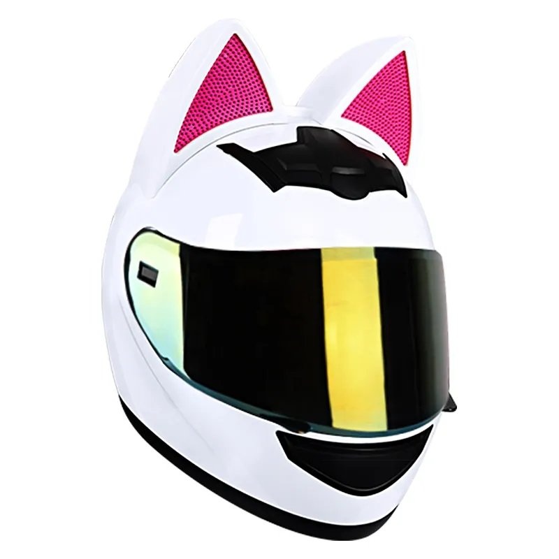 White & Pink HNJ Motorcycle Helmet with Cat Ears & Gold Visor Black Visor Small (S)= 50-53 CM’s